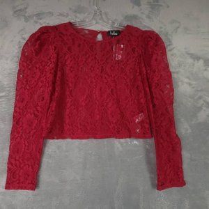 Lulus Womens Crop Top Red Floral Long Sleeve Keyhole Lace‎ Nylon Blend S New